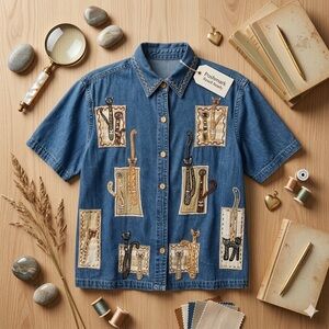 Vintage Dressbarn Denim Shirt Large Embroidered Cat Patchwork 100% Cotton